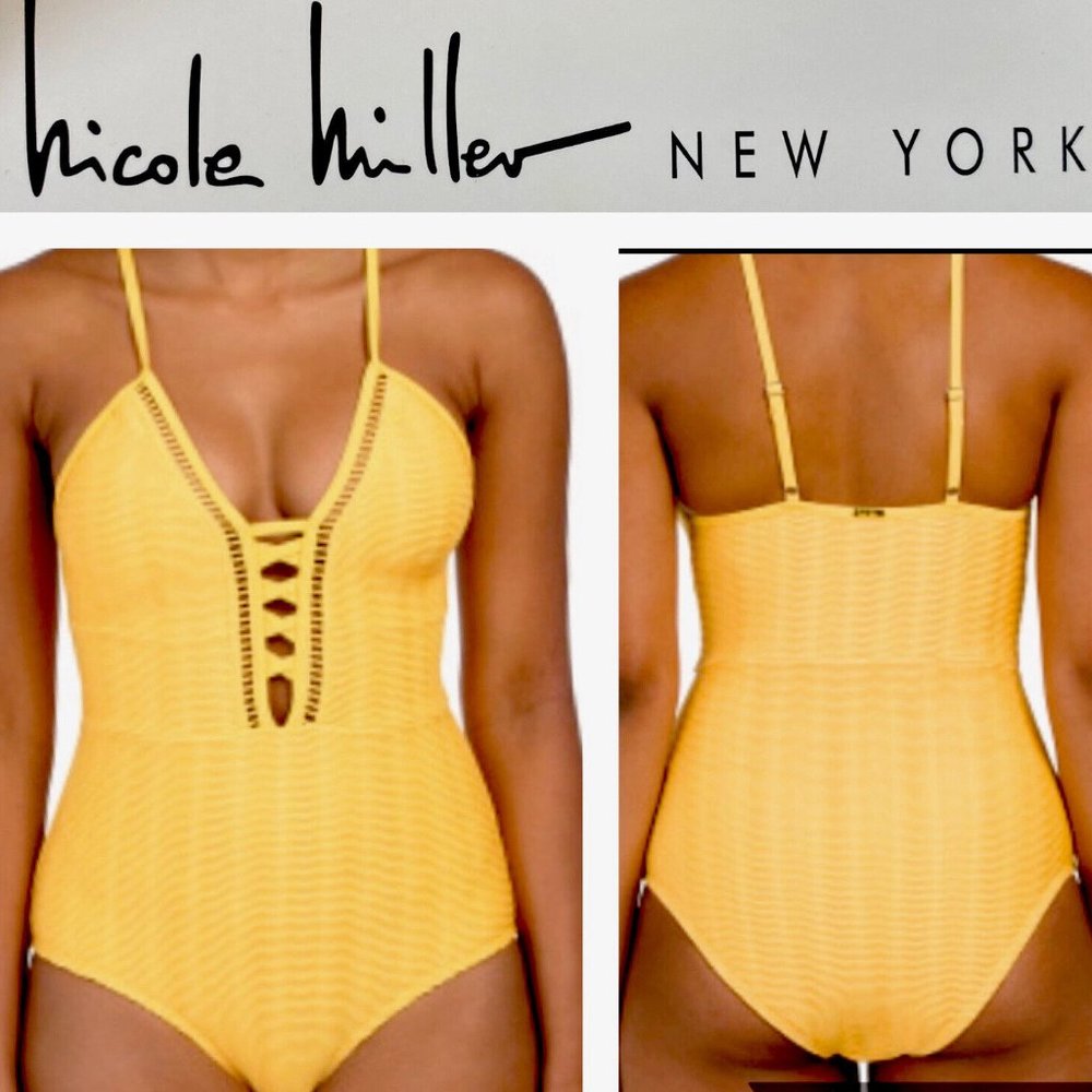 Nicole Miller One Piece Swim Suit Plunging Neckline V-Neck Yellow Size 10 NWT